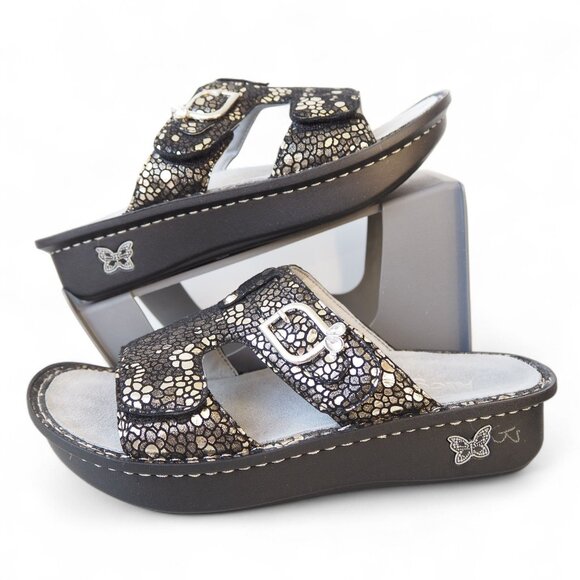 Alegria Peggy Strappy Leather Mosaic Slide Sandals Women's 9/39 Black Pewter - Picture 1 of 10